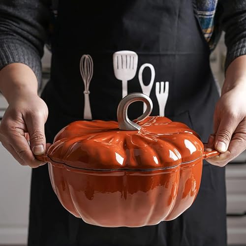 Horno holandés de hierro fundido, olla esmaltada de 3.7 L con tapa para guisos y sopas, forma de calabaza, regalo perfecto para Halloween, Acción de Gracias