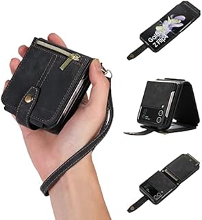 UEEBAI Case for Z Flip 4, 9 Card Slots Retro Leather Wallet Shockproof Flip Cover with Hand Strap Card Slots Zipper Pocket Kickstand Handbag Magnetic Closure - Black