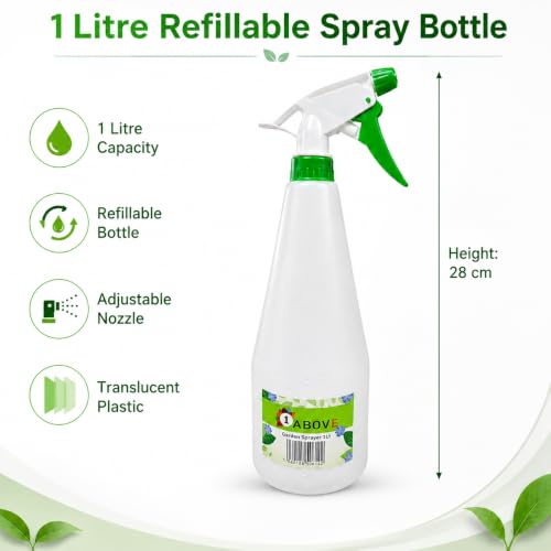 1ABOVE Flacon pulvérisateur d'eau en plastique de 1 litre | Flacons pulvérisateurs pour solutions de nettoyage et jardinage | Pulvérisateur d'arrosage des plantes | Mode réglable | Bouteille en – vue 2