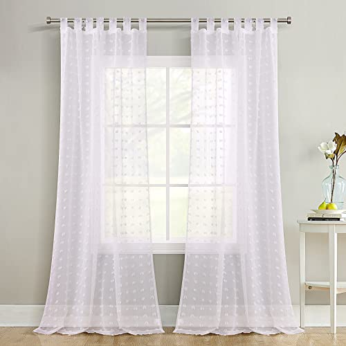 White Sheer Curtains 108 Inches Length Tab Top Sheer Curtain Polka Dot Long White Curtain Panel White Textured Curtain Boho Farmhouse Window Curtain High Ceilling Large Window 52X108 Long 9Ft 1 Pair #TOP1