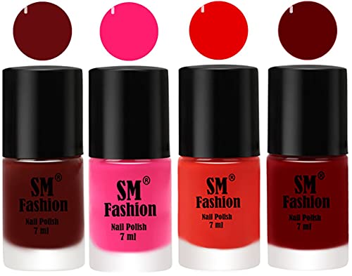 SM FASHION Nail Polish Combo Set (Pack of 4) Quick Dry Gel Finish Nail Paint | Wine Red,Deep Pink,Fire Orange,Dark Red | 7 ml Each