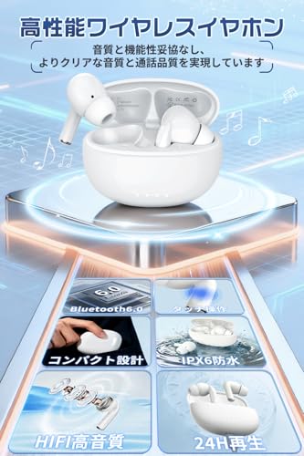 イヤホン Bluetooth6.0 【進化した音質】 ワイヤレスイヤホンノイズキャンセリング 360°臨場感 Hi-Fi音質 ブルートゥースイヤフォン 自動ペアリング IPX6防水 最大24時間再生 イヤフォンLED電量表示 Type-C急速充電 ぶるーとゅーす左右分離型 ハンズフリー通話 マイク内蔵 小型 軽量 iPhone/Android/PC対応 通勤 通学 スポーツ 商品画像2