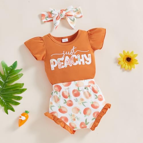 Newborn Infant Baby Girl Summer Outfit Ruffle Sleeveless Romper + Peaches Print Shorts + Headband 3Pcs Set (Orange, 3-6 Months)