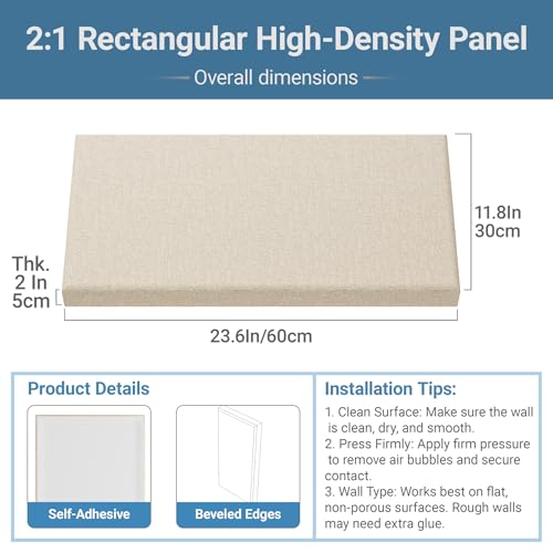 4 Pack High-Density Core with Fabric Cover Acoustic Panels – 24×12×2 In Self-Adhesive Soundproofing and Sound-Absorbing Wall Panels for Echo Reduction in Studio, Theater, or Recording (Cocoa Beige) - Thumbnail 2