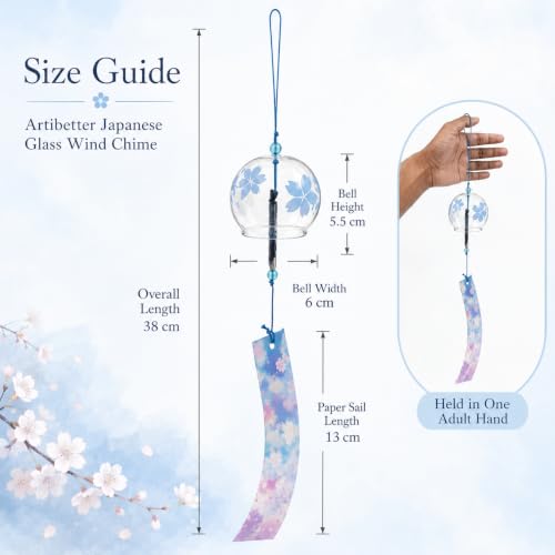 Image of Artibetter Japanese Glass Wind Chime Hanging Bell with Cherry Blossom Design | Handmade Furin Wind Bell for Home, Balcony, Garden, Patio, Window & Gift Decor (Blue)