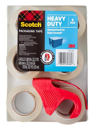 Scotch Heavy Duty Shipping Packing Tape, Clear, Shipping and Packaging Supplies, 1.88 in. x 22.2 yd., 6 Tape Rolls with 1 Dispenser