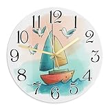 Orologio da parete a forma di barca a vela, con uccelli giocosi acquatici, blu estivo, senza ticchettio, per camera da letto, ufficio, classe, studio, decorazione per la stanza, 30 x 29 cm