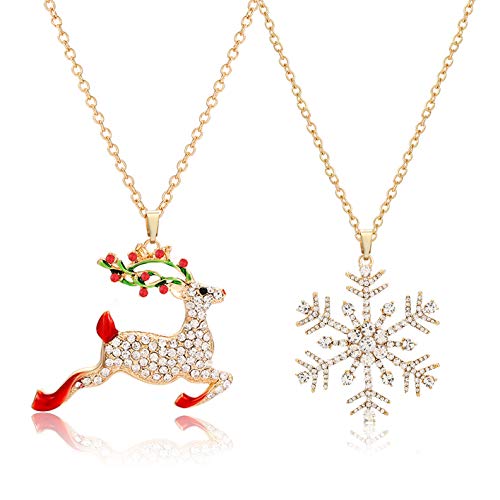 NLCAC Christmas Necklace Sparky Crystal Snowflake Reindeer Pendant Necklace Xmas Santa Holiday Festival Jewelry Necklace 2 Pieces