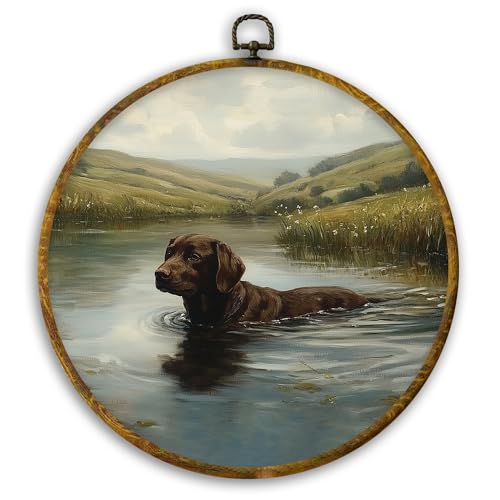 CUANFDDSF Rustic Country Chocolate Labrador Retriever Round Wall Art, Chocolate Lab Gifts Framed Hanging Wall Decor, Antique Farmhouse Dog Canvas Prints Decorations for Bedroom, 10x10 Inch