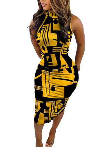 Image of ECHOINE Women's Vintage Print Bodycon Midi Dress Sleeveless Mock Neck Slim Fit Party Club Dress