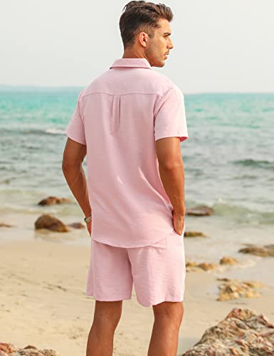 LecGee Linen Sets For Men Button Down Cuban Guayabera Shirt Shorts Set 2 Piece Linen Outfits2