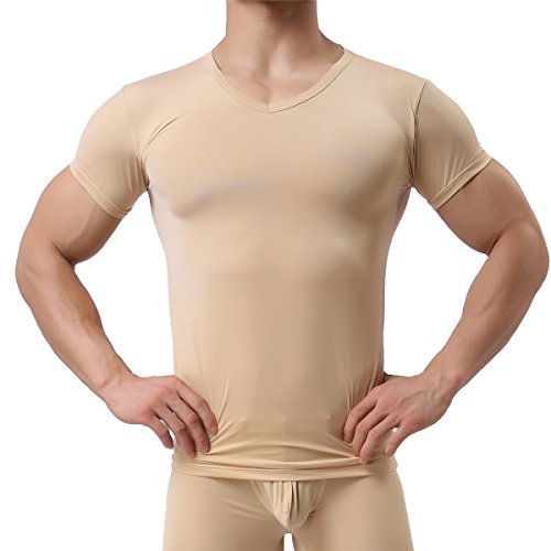 Yufeida Men's Sexy Underwear T-Shirt Short Sleeve Mesh Sheer Top Undershirt Sleepwear(Buff L) #TOP1