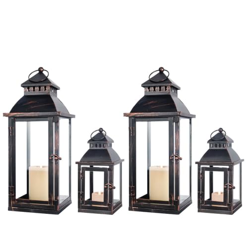 Image of NEEDOMO Bronze Metal Lanterns Decorative Outdoor & Indoor, Set of 4 (17 inch & 10 inch) with Glass, Candle Holder for Porch, Patio, Garden, Balcony, Wedding, Table Centerpiece Decorations