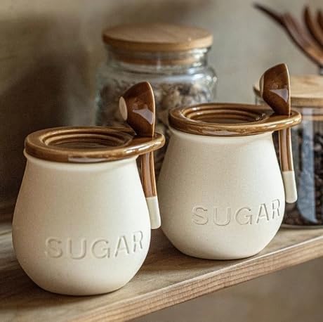 Ceramic Sugar Bowl with Spoon and Lid, White and Brown