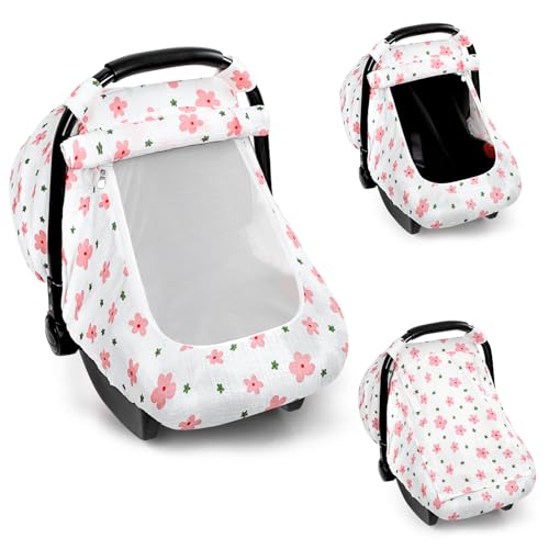 Image of Hooyax Muslin Car Seat Cover Baby - Breathable and Privacy Car Seat Canopy with 3 Modes - Easy Install & Gift Box Packaging, Universal Fit for Infant Car Seats, Pink Flower