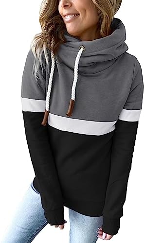 Women's Casual Cowl Neck Pullover Hoodie Color Block Graphic Long...