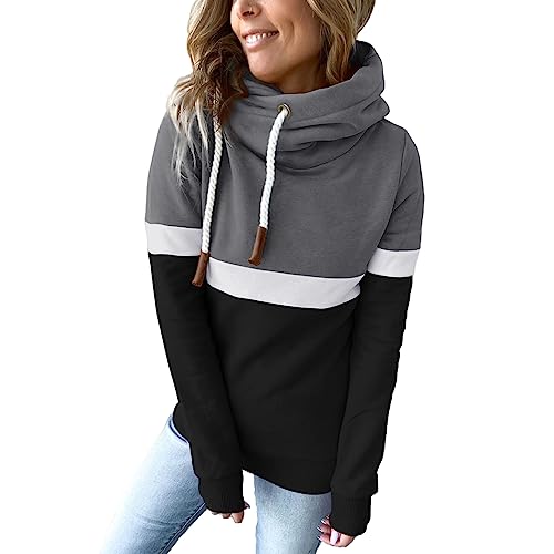 Women's Casual Cowl Neck Pullover Hoodie Color Block Graphic Long...