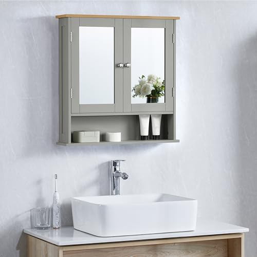 Bath Vida Priano Double Door Bathroom Cabinet, Wood, Grey & Oak, Mirrored Wall Mounted Storage Furniture