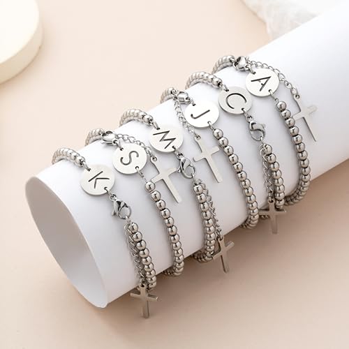 Image of Initial Cross Silvery Bracelets for Women Trendy, Initials Cross Charm Beaded Bracelet, Christian Gifts for Women, Baptism Confirmation Christmas Inspirational Gifts for Mom Daughter Friend Sister
