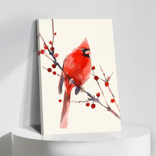 Red Cardinal Wall Art Canvas Winter Bird on Branch Painting
