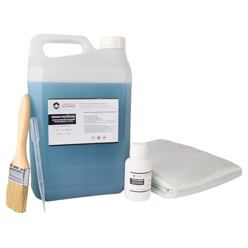 Kit de Résine Polyester 5kg avec 125g de Catalyseur, 5m² de Roving 300g - Inclus Pinceau et Pipette - Idéal pour Projets de Réparation et Créations DIY de...