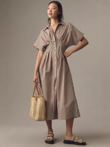 Women's Casual Short Sleeve Striped Shirt Dress V-Neck Maxi Beach Dresses4