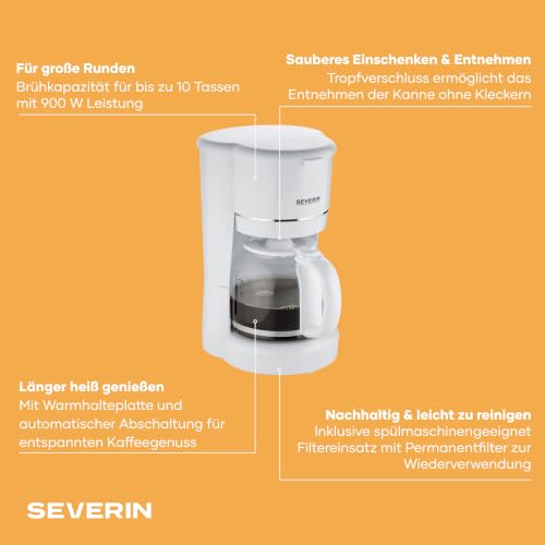 SEVERIN Filterkaffeemaschine mit Glaskanne, Kaffeemaschine mit Permanentfilter, für bis zu 10 Tassen (1,25L)… – Ansicht 3