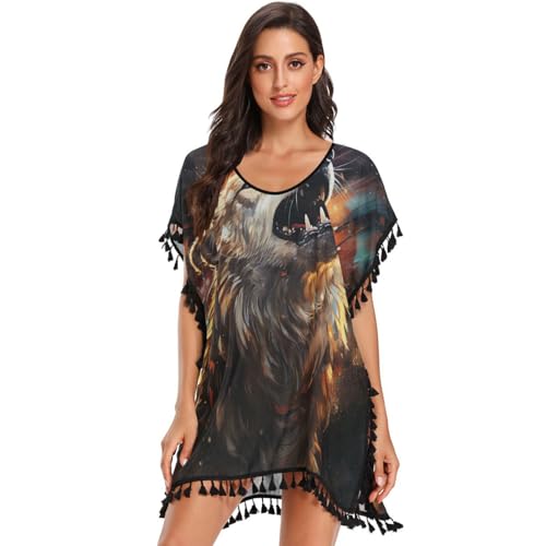 Abstract Angry Wolf Golden Space Women's Beach Cover Up Chiffon Tassel Swimwear Swimsuit Coverups for Girl