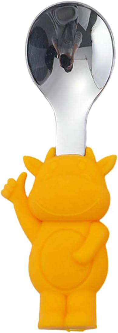 2PC-Home Creative 304 Stainless Steel Cartoon 's Silicone Feeding Spoon-Niu Niu Fork Spoon [Blue]