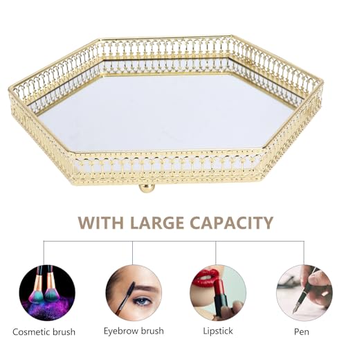 Plateau miroir hexagonal luxe en fer doré et verre pour coiffeuse - 8