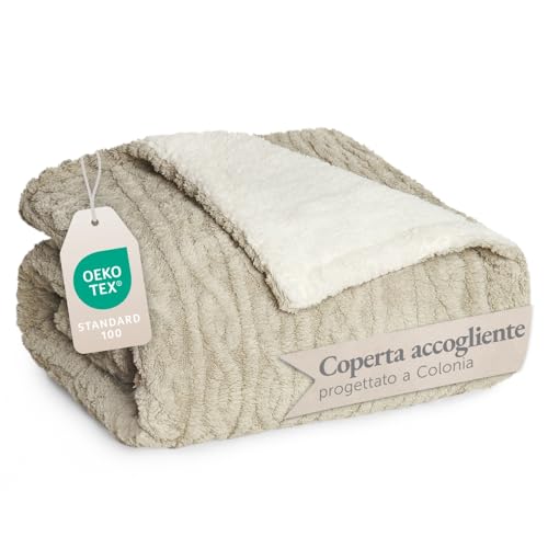 Blumtal coperta pile plaid 150x200 cm con disegno a treccia - coperta divano invernale con certificato OEKO-TEX - coperta pile in microfibra - morbida coperta sherpa sul rovescio - pleid beige/bianco