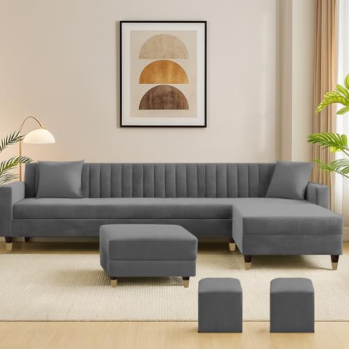 Image of Casaliving Garcia RHS 8 Seater L Shape Sofa Set with Ottoman & 2 Puffy for Living Room (Dark Grey) Premium Fabric Sofa Set