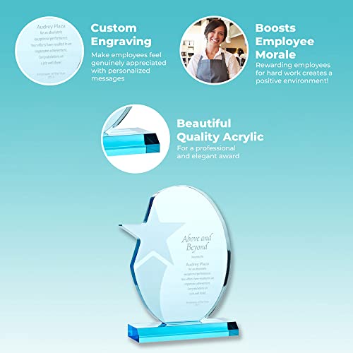 Baudville Engraved Trophy - Sky Blue Acrylic - Award for Employees - Circlular Trophy with Shooting Star Design on Rectangular Base - Personalized Up to Three Lines and Pre-Written Verse Selection
