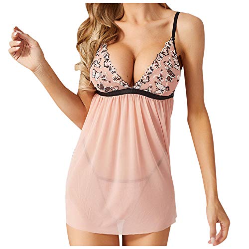 Ensemble de sous-vêtements en dentelle transparente rose col en V vêtement sexy S
