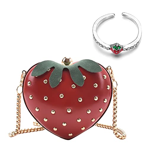HomeSoGood Strawberry Purse and Ring Set,Fruit Shape Handbag, Strawberry Cross Body Chain Bag Open Ring for Girl Women, PU Shoulder Bag Wallet