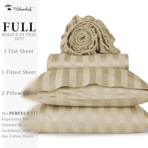 URBANHUT 800 Thread Count Egyptian Cotton Damask Striped Full Size Sheets Set (4 Pc) - Ultra Soft & Smooth, Sateen Weave Full Size Bed Sheets, Luxury Hotel Sheets with 16" Deep Pocket - Sand