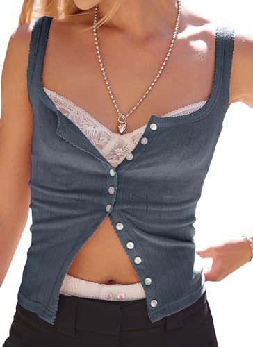 Neweek Women's Sleeveless Vest Button Front Tank Tops Ribbed Knit Square Neck Picot Trim Slim Fitted Y2K Shirts 2025