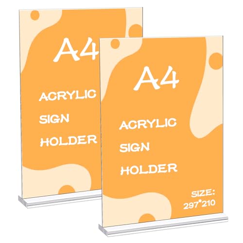 Lot de 2 Présentoirs de Table A4 en Acrylique – Support Vertical Double Face pour Étiquettes de Prix, Prospectus, Menus et Publicité, Présentoir Acrylique, Porte Affiche A4 (21 x 29,7 cm)
