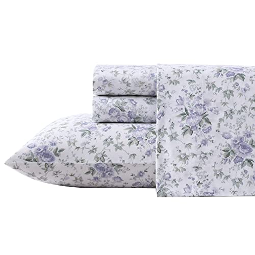 Image of Laura Ashley - Queen Size Sheet Set, Soft Cotton Sateen Bedding with Fitted Sheet and Pillowcases, Floral Bedroom Decor, Deep Pocket, College Dorm Room Essentials (Lilian Purple)