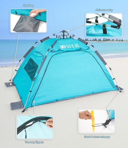 Dewur Strandmuschel 2-4 Personen Pop Up Strandzelt mit Sonnensegel UPF 50+ UV Sonnenschutz Wasserdicht für Familien Strand Camping Garten, Blau – Bild 6