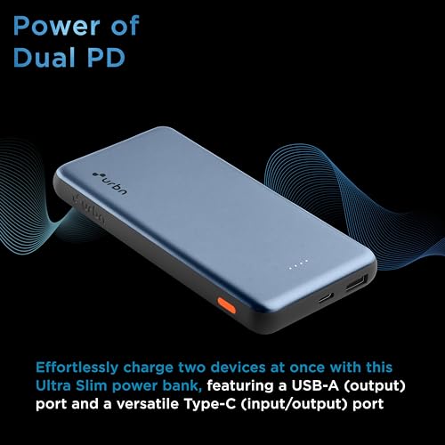 Image of URBN Power Bank 10,000mAh Ultra Slim 12W | Dual Port Type C Input /Output | BIS Certified | 4-Layer Circuit Protection | 6-Month Replacement Warranty | Made in India | Free Type C Cable - Blue