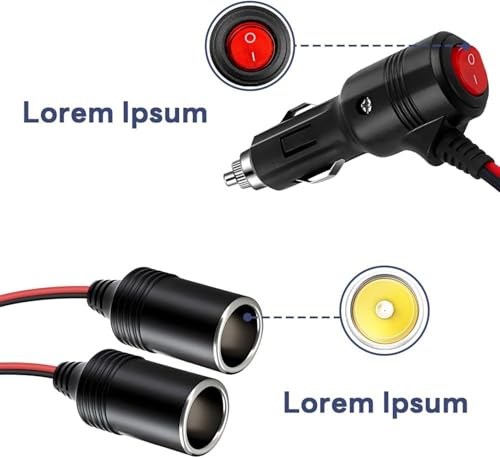 Image of 1 to 2 DC 12V /24V Cigarette Lighter Splitter, Car Power Adapter with Dual Sockets, ON Off Switch, 15cm Extension Cable, UL 15A Fuse