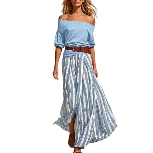 Ensemble deux pièces estival femme jupe maxi rayée taille haute et haut épaules nues