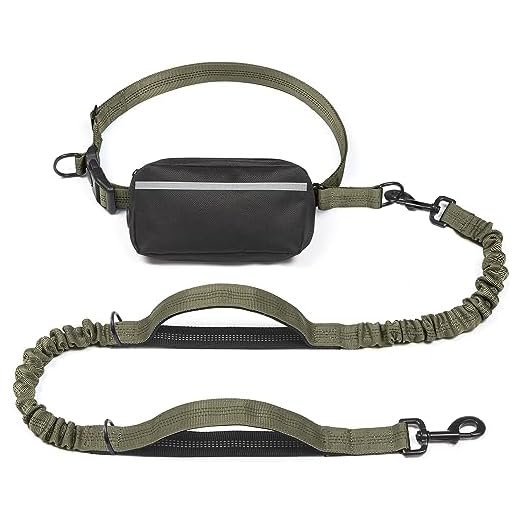 iYoShop Hands Free Dog Leash with Zipper Pouch, Dual Padded Handles and Durable Bungee for Walking, Jogging and Running Your Dog (Large, 25-120 lbs, Military Green)