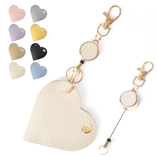 [LanFly] ハートキーホルダー 可愛い ハート形キーチャーム リール式キーリング おしゃれ レザー バック チャーム キーホルダー 伸縮可能（ホワイト）のサムネイル