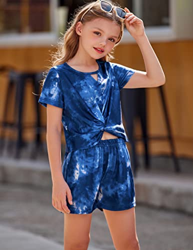 Image of Arshiner Girls Summer 2 Piece Outfits Tie Dye Short Sets Casual Twist Front Short Sleeve Tops and Pant with Pockets