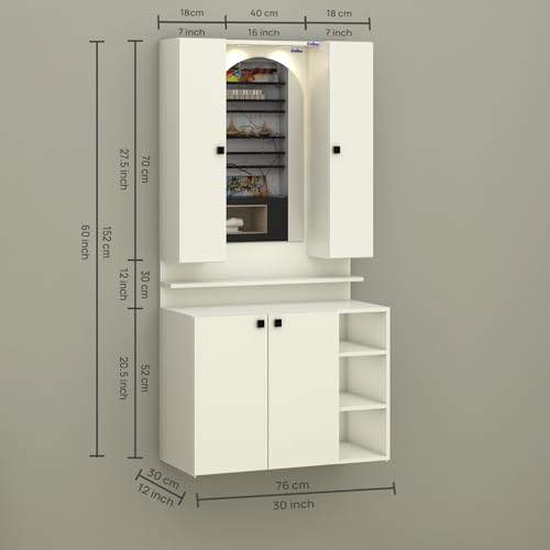 Image of Anikaa Opulex Engineered Wood Dressing Table with Mirror Cabinet, LED Lights, Storage Shelves & Back Panel - Wall Mounted Makeup Vanity & Organizer for Bedroom -(White) DIY Installation