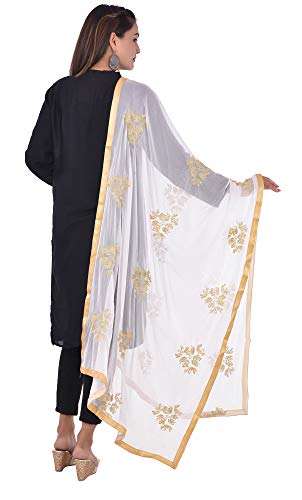 Image of Youthquake Golden Embroidered Work Chiffon Dupatta For Womens & Girls With 4 Side Gold Lace