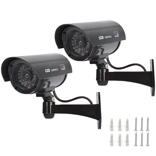 Dummy Cameras Fake CCTV 2PCS Dummy Fake Security CCTV Camera Simulation Monitor with Flashing LED Dummy CCTV Cameras Outdoor Indoor Bullet Shape Dummy Fake Camera Waterproof (2 CCTV Signs + Screws)