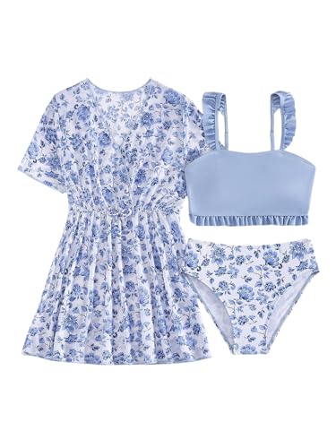 SHENHE Girl's Floral Bathing Suits 3 Piece Ruffle Bikini Set Swimsuits with Cover Up